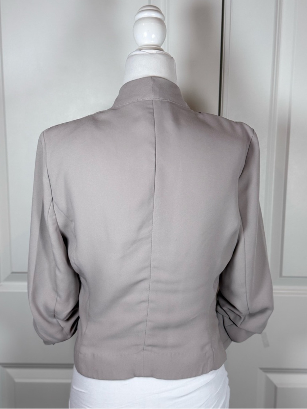 Maison d Amelie Taupe Open Front Blazer Ruched Sleeve Minimalist Workwear XS - Picture 4 of 8